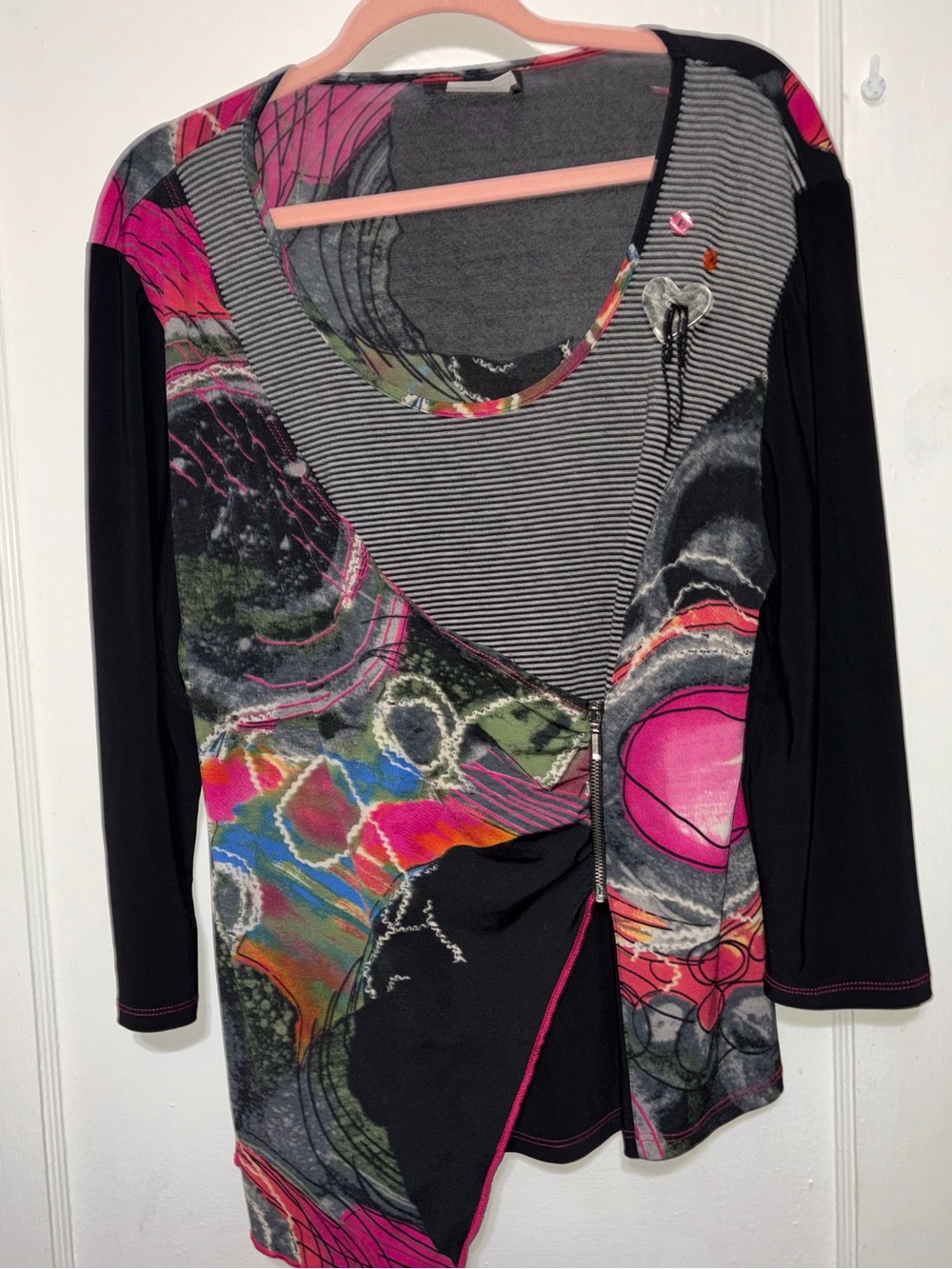 Bali Artsy Abstract Print Asymmetrical Zip Accent Tunic Top Mixed Media XL